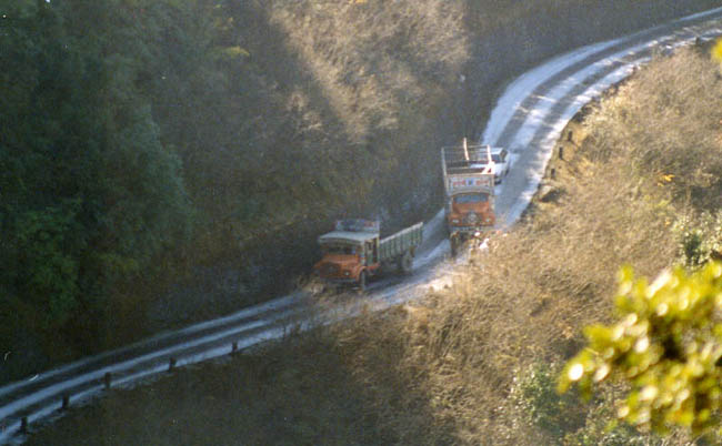 It is ice on the road in the Nepal mountains early in the morning